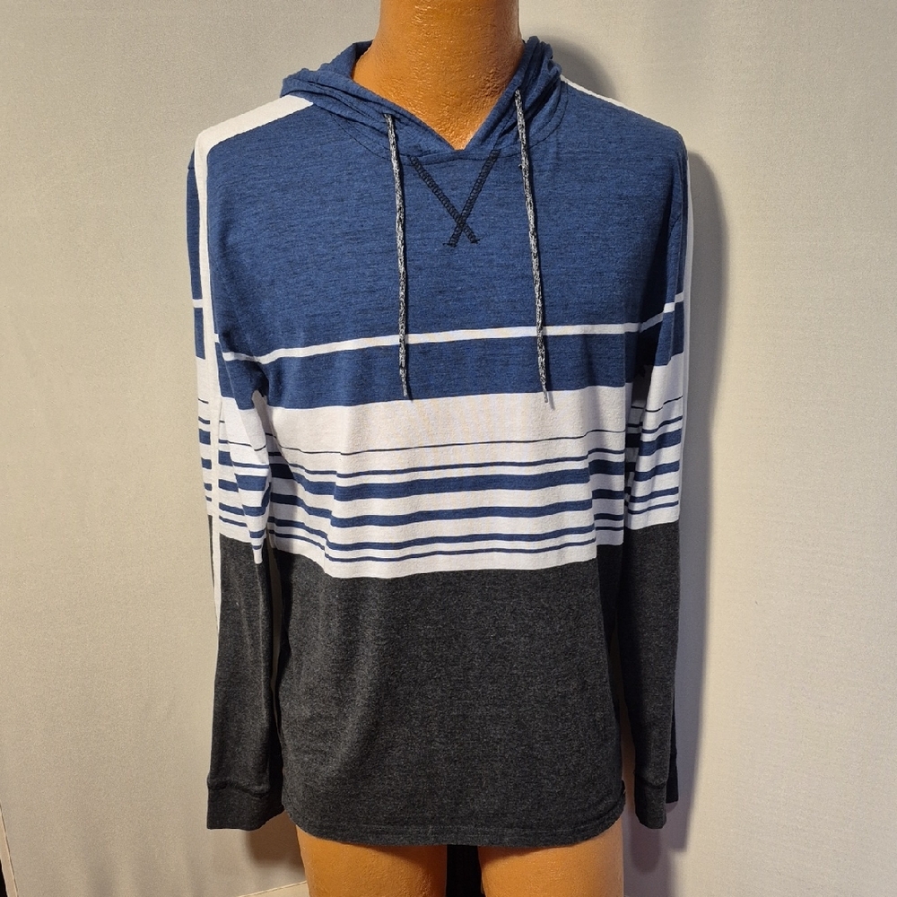 Men's Ocean Current Blue and Gray Striped Lightweight Hoodie - Sz. L